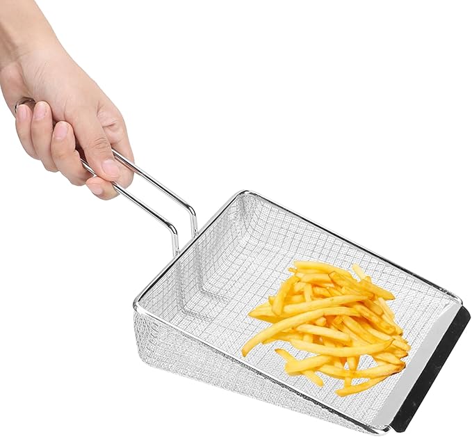Metal French Fry Scoop, Fine Mesh Skimmer Spoon Stainless Steel Fry Scooper Food Flat Scoop with Handle Kitchen Strainer Spoon Frying Strainer for Cooking Frying(Silver)