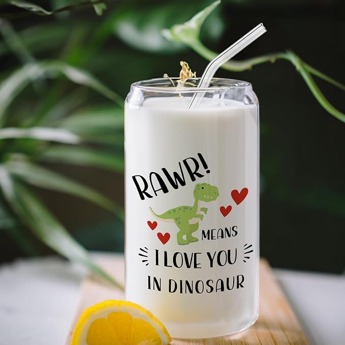 Dinosaur Glass Cup with Lids and Straws 14oz Gifts for Boys Girls Kids Adults, Rawr Means I Love You in Dinosaur Glass Iced Coffee Tumbler Drinking Jars with Cleaning Brush