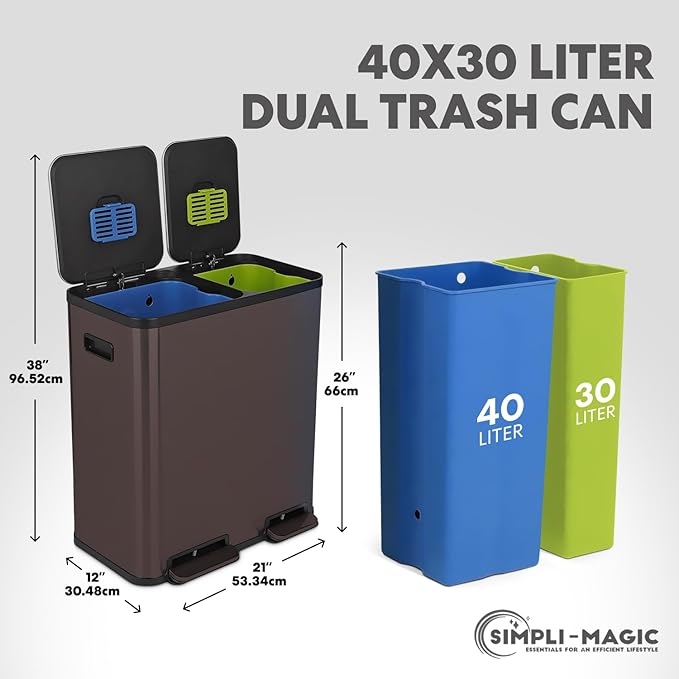 Simpli-Magic 70 Liter / 18.5 Gallon Rectangular Hands-Free Dual Compartment Recycling Kitchen Step Trash Can with Soft-Close Single Lid, Stainless Steel (40L x 30L Capacity), Brown