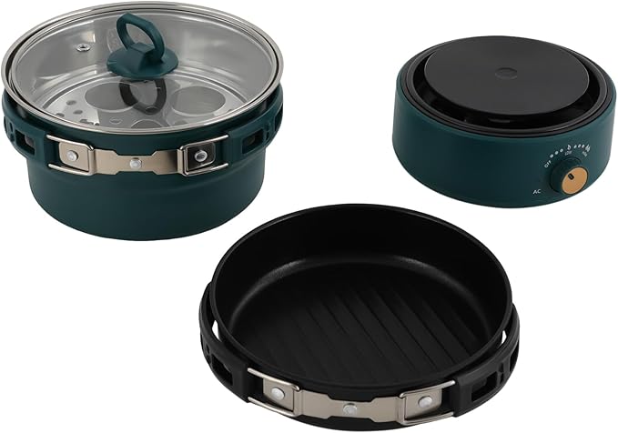 500W 1.6L Portable Electric Hot Pot with Foldable Handles, Power Adjustment Non-stick Frying Pan Mini Hot Pot Multi-Functional Ramen Noodle Cooker for Pasta, Steak (Green)