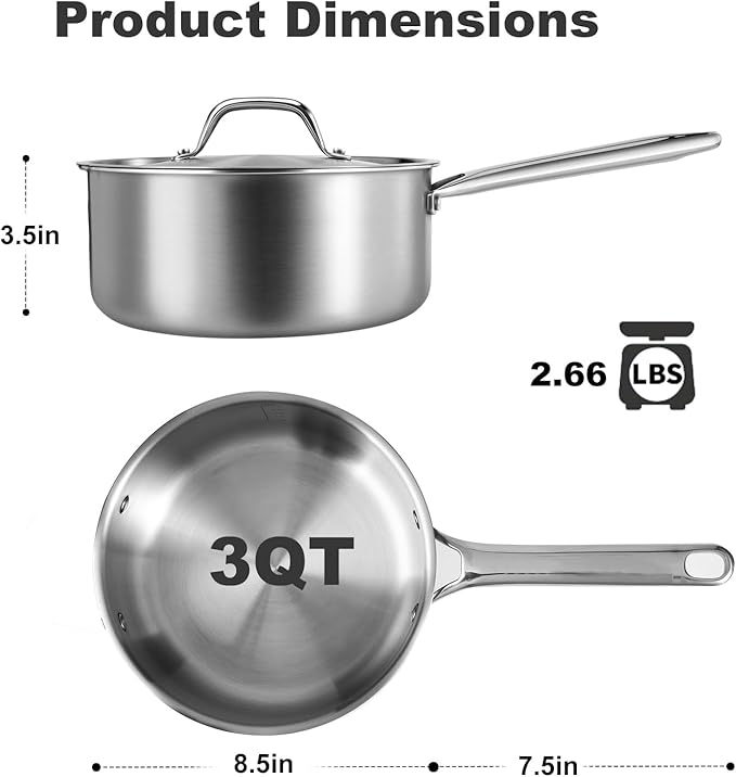 Rokasala 3 QT Saucepan with Lid,3-Ply Stainless Steel Saucepan,Professional Grade Cookware,Induction Compatible
