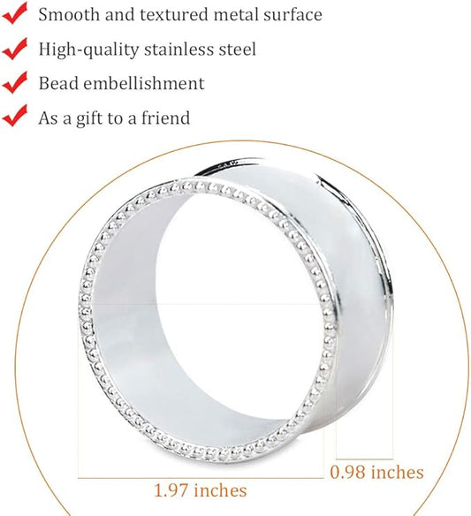 12 Pcs Stainless Steel Bead Side Napkin Rings Delicate Serviette Buckles (Silver)