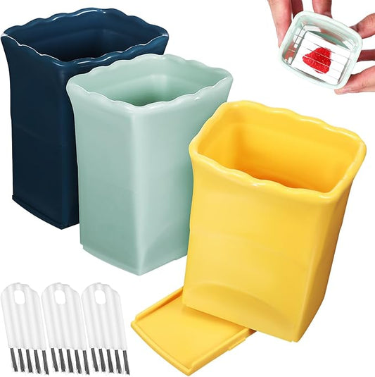 Fruit Slicer Cup Set with Lid and Cleaning Brush - 3 Pcs Multifunctional Strawberry Cutter Egg Slicer and Small Fruit Cutter for Kitchen Use