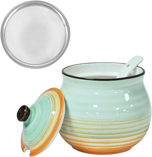 Koythin Ceramic Bacon Grease Container with Strainer, 23 oz Suitable for Storing Frying Oil and Cooking Grease (Cyan and Orange)