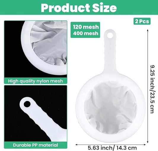 2 Pack Plastic Mesh Strainer with Handle, Mini Nylon Ultra Fine Mesh Sieve Sifter Colander Non-slip Kitchen Food Strainers for Straining Tea, Matcha, Cocktail, Juice and Coffee(120+400mesh)