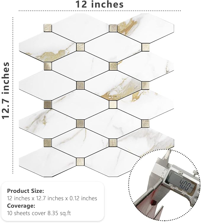 STICKGOO 1 Sheet Peel and Stick Backsplash, Calacatta Golden Stick on Aluminum Composite Tiles Stikers, Self Adhesive Mixed Metal Backsplash for Kitchen, Bathroom, Fireplace, RV