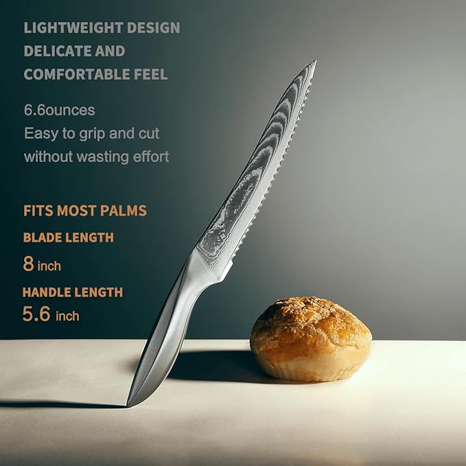 9C Damascus Steel Bread Knife: A Wide Wavy Edge Serrated Knife with an Upgraded Stainless Steel Razor Sharp 8-Inch Blade and 5.6-Inch Handle - for Delicious Homemade Bread, Bagels, and Cake.