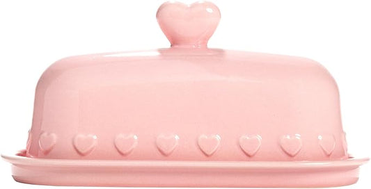 Paris Hilton Heart Knob Butter Dish, Iconic Stoneware With Heart Detailing, Microwave Safe & Dishwasher Safe, 2-Piece Set, Pink