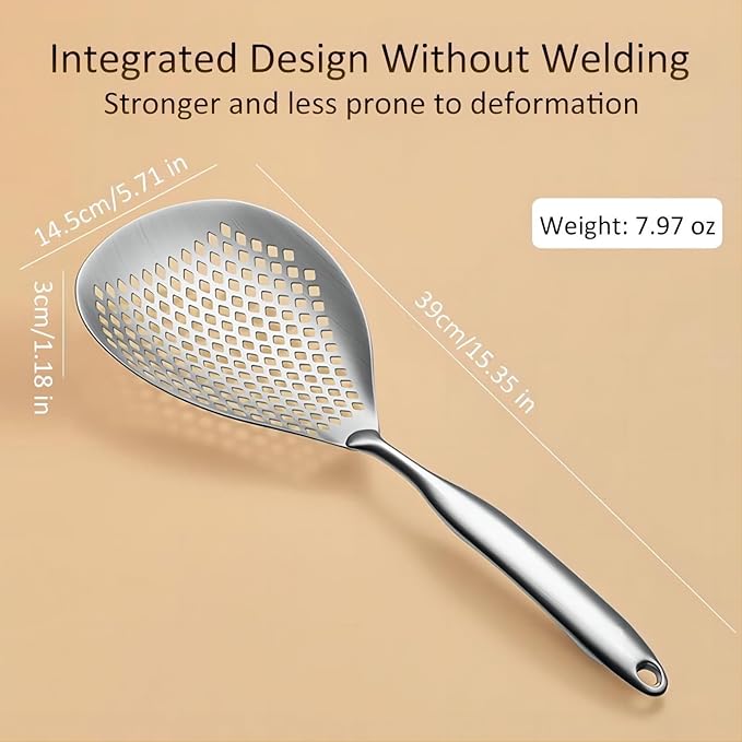 GREATLINK Large Stainless Steel Strainer with Comfort Handle and Hanging Holes,Food Grade Filter Spoon Solid Stainless Steel Strainer Skimmer Ladle for Kitchen Cooking Frying Pasta Strainer Spoon