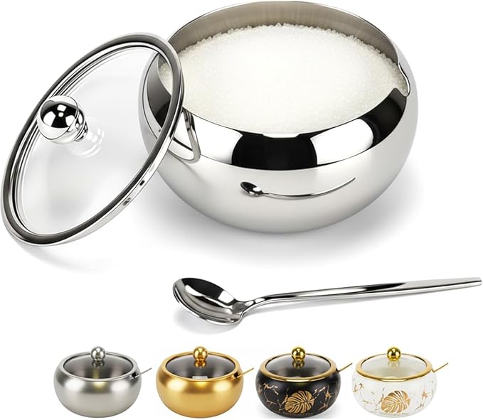 15OZ Sugar Bowl with Glass Lid and Spoon, Sugar Container of Coffee Bar Accessories, Stainless Steel Jar for Salt, Tea, Brown Sugar Cube, Dishwasher Safe, Kitchen Decor Countertop Storage, Silver