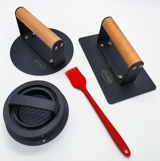 Kitchen Tools Smash Burger Press Suit,3 in 1 Hamburger Patty Storage Container,Burger Press.Bacon Press and Sauce Brushes (Black Round+Rectangle)