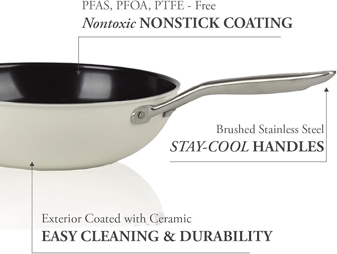 ValenCera TeChef Collection | Ceramic Nonstick Flat Bottom Wok Stir Fry Pan, Nontoxic - Free of PFAS, PFOA, PTFE (Wok 12")
