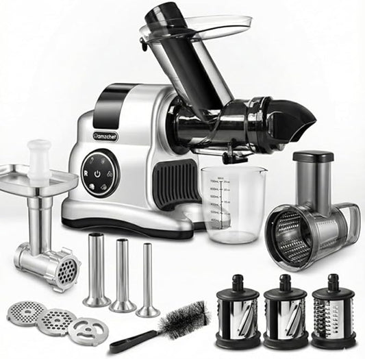 5-in-1 Masticating Slow Juicer Machine, 3" Wide Feed Chute, High Juice Yield, Easy to Clean, Includes Meat Grinder/Sausage Maker/Vegetable Slicer, Silver/Black