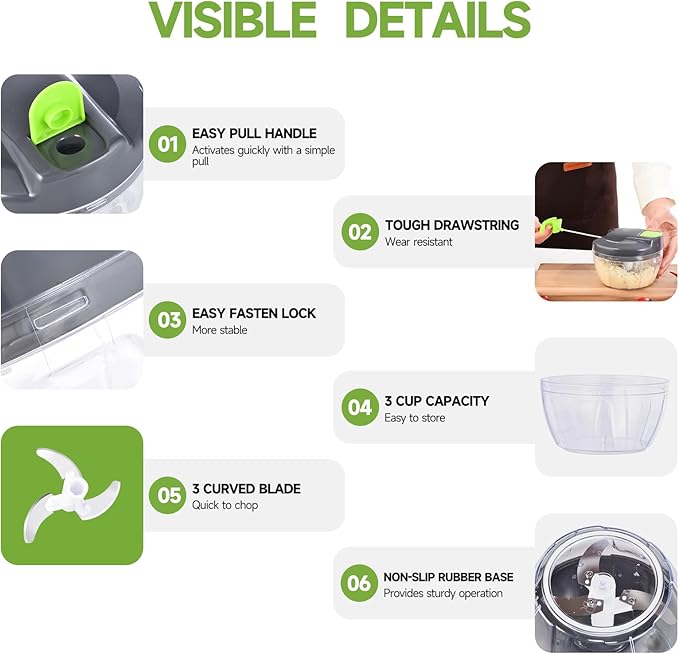 Ziweaye Manual Food Processor Vegetable Chopper, Portable Hand Pull String Garlic Mincer Onion Cutter for Veggies, Ginger, Fruits, Nuts, Herbs, etc., 500ml,（Gray-green）