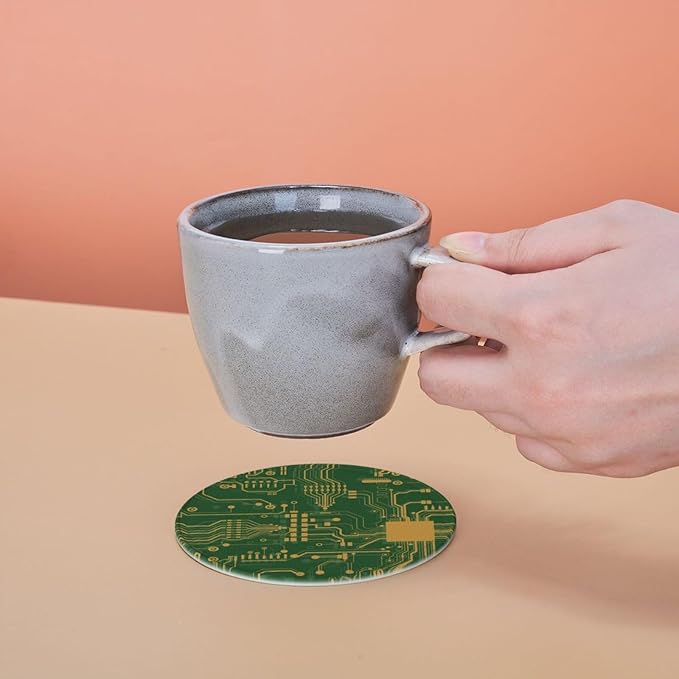Green Circuit Board Leather Drink Coasters Set of 6 with Holder Round Cup Coaster for Table Decor
