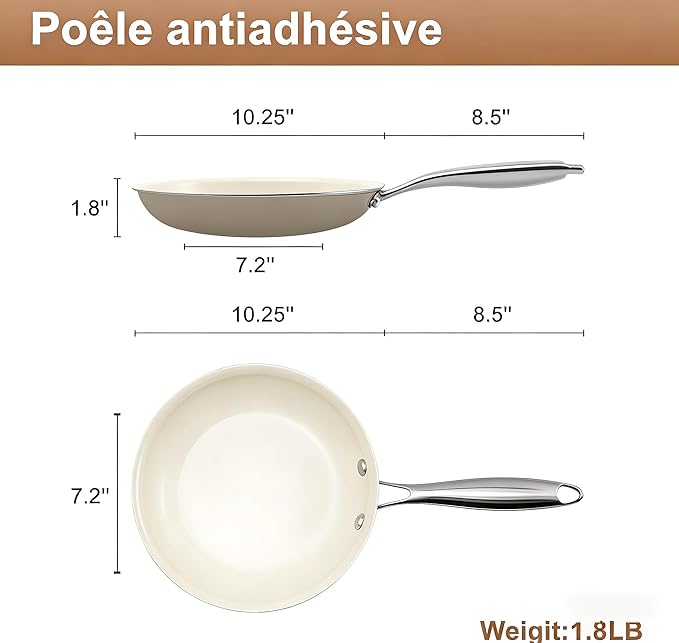 Jovire 10.25 Inch Ceramic Nonstick Frying Pan Skillet - PFAS-Free, Non-Toxic, Oven Safe & Induction Ready, Aluminum Cookware with Stainless Steel Handle