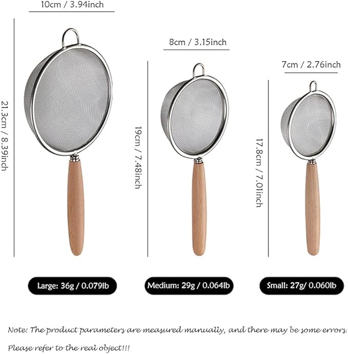 Fine Mesh Strainer with Hook, Stainless Steel Mesh Sieve with Handle, Kitchen Metal Food Strainer Sifter for Quinoa, Rice, Pasta, Fruits, Vegetables, Set of 3, 2.8", 3", 4"