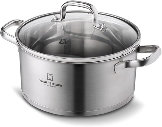 WAGENSTEIGER 3.78-Quart Stainless Steel Stock Pot with Tempered Glass Lid, 3-Ply Construction, Ergonomic Handles, Compatible with All Cooktops, BPA Free (8.46" Diameter)