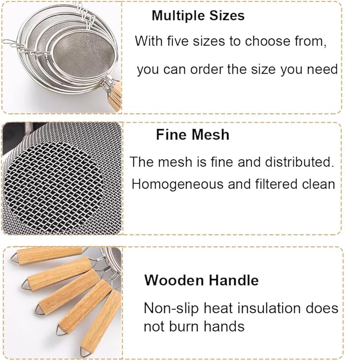 3Pcs Stainless Steel Fine Mesh Strainer Set Versatile Long-Handle Sieves for Flour Tea Coffee Oil Filtering(5Inch,6Inch,8Inch)