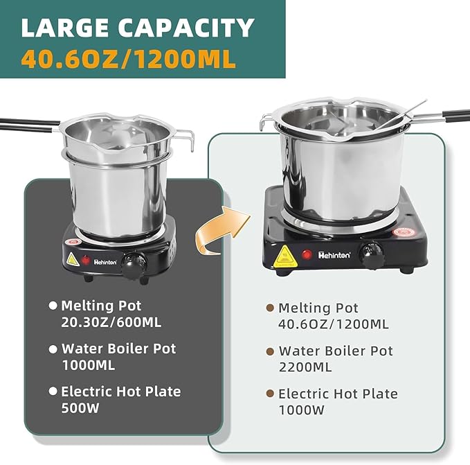 Hehinton Double Boiler Wax Melter 1200ML/40.6OZ, Candle Making Kit Supplies for Adults Beginners, DIY Kit with 1000W Electric Hot Plate, Wick Trimmer, Hot Air Gun, Thermometer, Wick Stickers