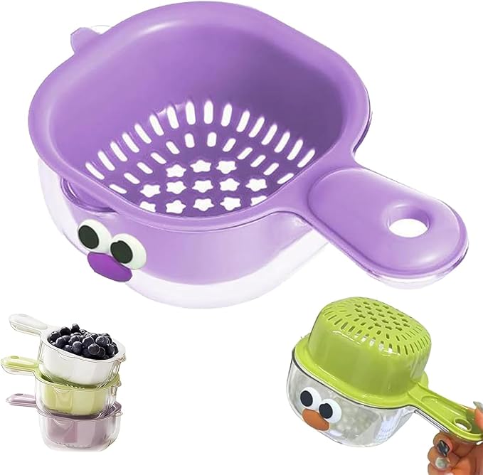 Kitchen Dual Layer Draining Basket with Handle,Double Drain Plastic Fruit Washing Bowl, Handy Mini Berry and Tomato Washer, Fruit Storage Container (Purple)