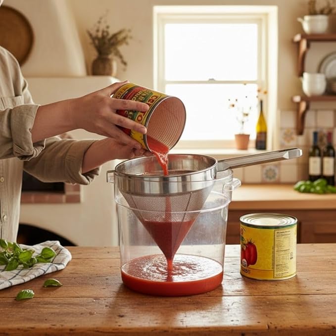 Soro Essentials- 10" Stainless Steel China Cap Strainer Coarse Mesh- Cone Shaped Strainer Food Strainers Juice Strainers Kitchen Tools Food for Straining Seeds Beans Sauces Home Kitchen