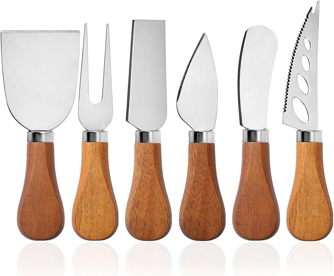 YUANQIAN Cheese Knife Set with Acacia Wood Handles - Cheese Knife, Spreader, Fork, Slicer - Mini Stainless Steel Cheese Tools for Charcuterie Boards (6Pcs/Set, S)