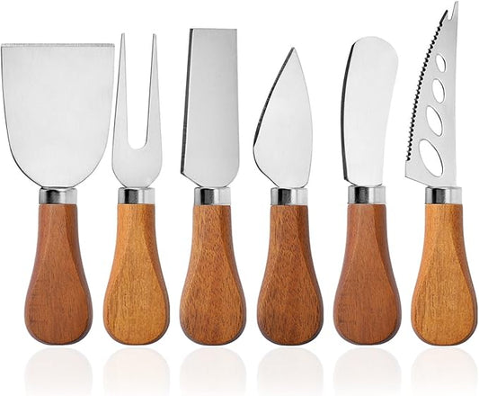 YUANQIAN Cheese Knife Set with Acacia Wood Handles - Cheese Knife, Spreader, Fork, Slicer - Mini Stainless Steel Cheese Tools for Charcuterie Boards (6Pcs/Set, S)