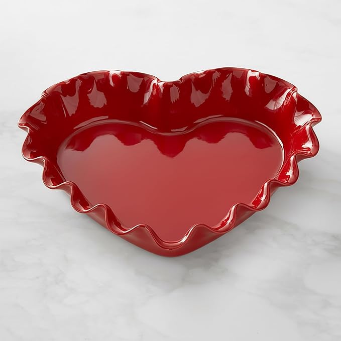 FoldTier 9in Valentine's Day Heart Shaped Deep Pie Dish 2.6in Ceramic Ruffle Heart Pie Pan Baking Dish for Valentine Wedding Anniversary Party Apple Quiche Pot Pies Tart for Microwave Oven(Red)
