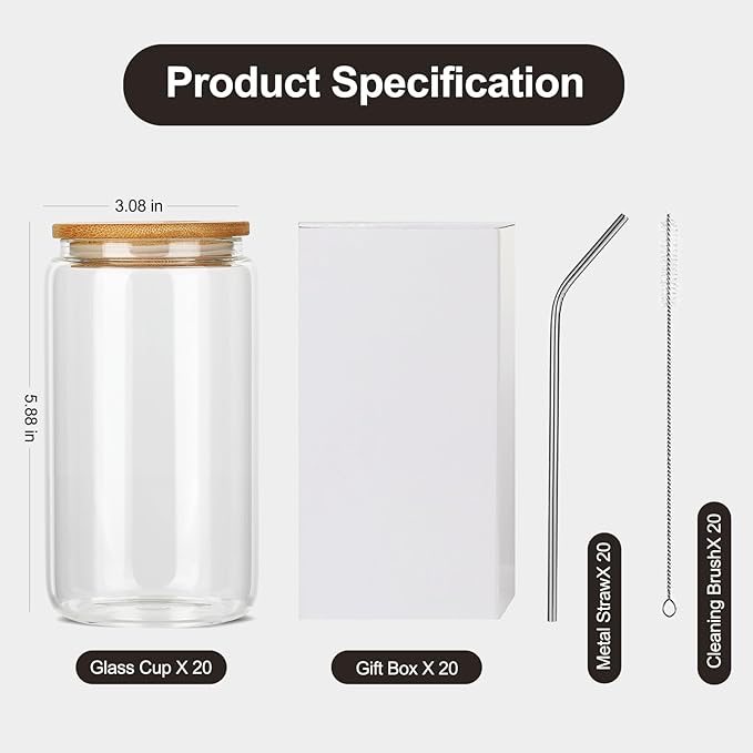 20Pcs Glass Cups With Bamboo Lids and Straws,16Oz Ice Coffee Cup,Drinking Glasses Cups Set,Water Bottles Glasses for Juicing,Beer,Coffee,Soda,Tea-Glass Tumbler Reusable for Gifts