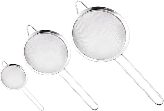 3Pcs Stainless Steel Fine Mesh Strainer Set (Small/Medium/Large) – Metal Sieve Sifter with Handle, Ideal for Rice/Juice/Quinoa/Flour, Kitchen Baking & Straining Tools