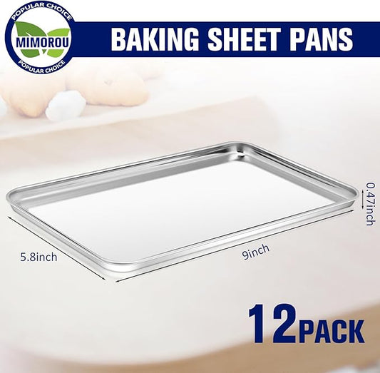 Mimorou 12 Pcs Baking Sheet Stainless Steel Cookie Small Metal Sheet Pans Professional Rectangle Oven Trays Kitchen Baking Cooking Oven and Toaster, Dishwasher Safe