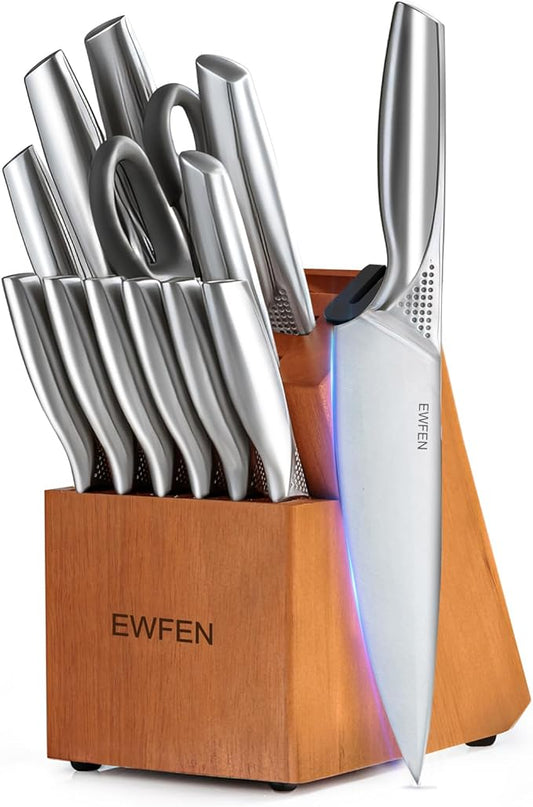 Knife Set, EWFEN 14-Piece Kitchen Knife Set with Block, German Stainless Steel Knives with Built-in Knife Sharpener, Anti-Slip Concave-dotted Handle Sharp Knives Set for Kitchen, Dishwasher Safe