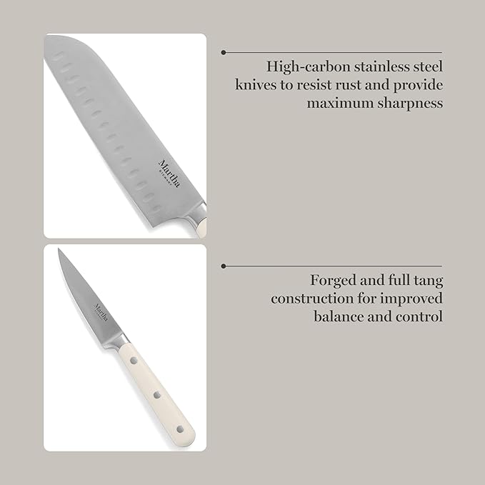 MARTHA STEWART Eastwalk 14 Piece High Carbon Stainless Steel Cutlery Kitchen Knife Block Set w/ABS Triple Riveted Forged Handle Acacia Wood Block - Linen White