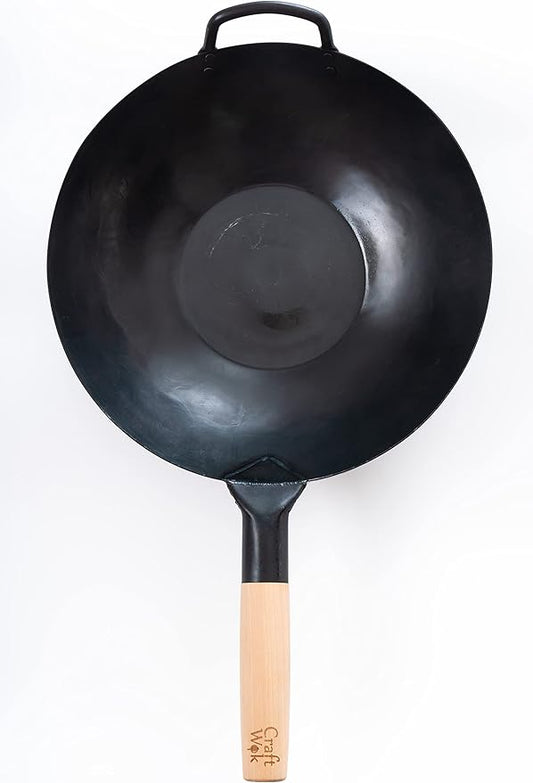 Craft Wok Black13 Flat Pre-Seasoned Hammered Carbon Steel Wok with Wooden and Steel Helper Handle (13 Inch, Flat Bottom)
