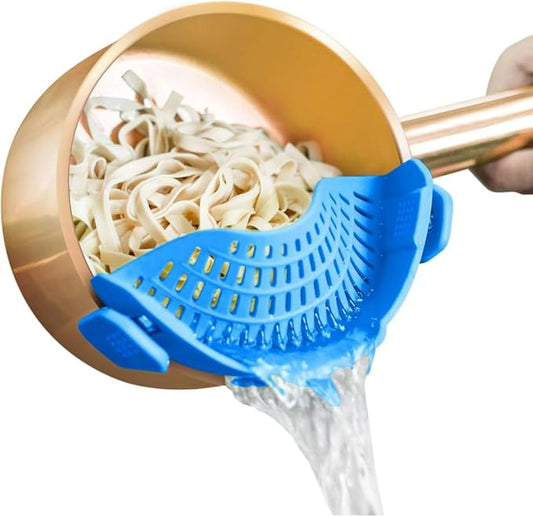 Clip On Strainer Silicone for All Pots and Pans, Pasta Strainer Clip on Food Strainer for Meat Vegetables Fruit Silicone Kitchen Colander (Blue)