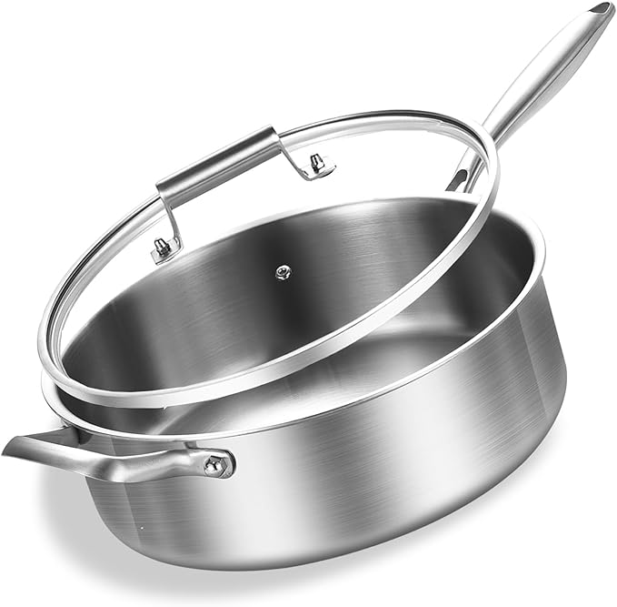 Inqibee Tri-Ply Stainless Steel 8 Quarts Sauté Pan with Lid, 13 Inch Induction Deep Frying Pan, Large Skillet,Jumbo Cooker, Dishwasher and Oven Safe,Detachable Handle.