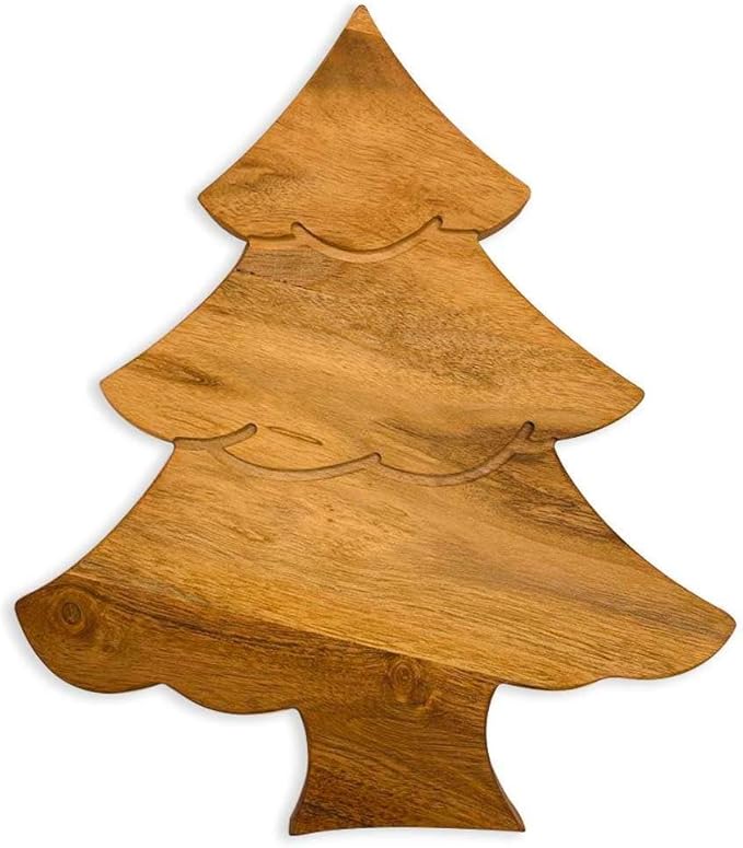 Treen Art Wooden Christmas Cutting Board for Kitchen Decor, 11"L x 9.75"W Mini Tree Shaped Acacia Wood Chopping Board with Handle & Grooves, Serving Charcuterie Platter