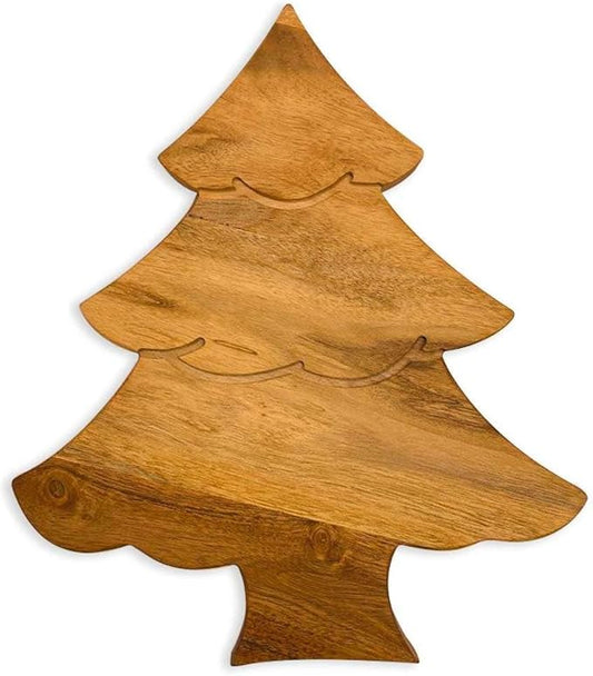 Treen Art Wooden Christmas Cutting Board for Kitchen Decor, 11"L x 9.75"W Mini Tree Shaped Acacia Wood Chopping Board with Handle & Grooves, Serving Charcuterie Platter