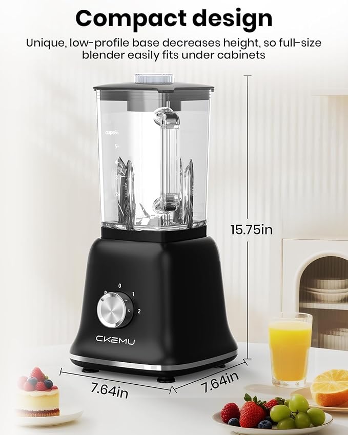CKEMU Professional Blender For Smoothies, 58 Oz Glass Jar, Glass Blender Including Puree & Crush Ice Functions, 750 Watts, With Portable Travel Cup B02 (Black)