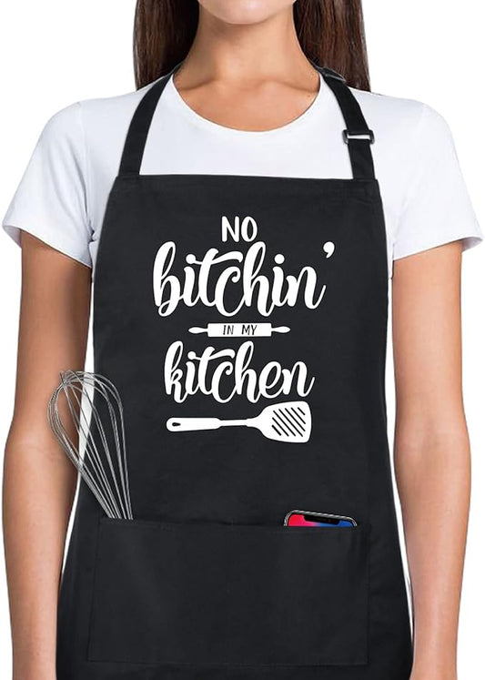 Xornis 100% Cotton Funny Apron with 2 Pockets for Men Women BBQ Grilling Adjustable Bib Black Aprons Gifts Cooking Kitchen