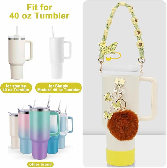 Accessories Set Including Water Bottle Handle Strap, Silicone Boot, Resin Butterfly Straw Cover, Straw Topper, Lip Balm Sleeve, Butterfly & Hairball Charms for Stanley Cup Tumbler
