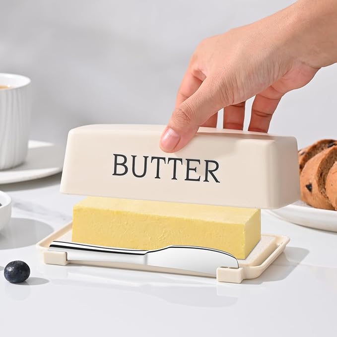 Butter Holder With Lid And Knife,Food Grade Plastic Butter Dish For Countertop,Large Butter Storage Container With Cover,White