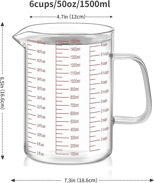 Luvan 6 Cups Glass Measuring Cup, Easy to Read with 3 measurement scales (Ml/Oz/Cup), Insulated Handle and V-shaped Spout, High Borosilicate Glass Measuring Cup, Ideal for Kitchen or Restaurant
