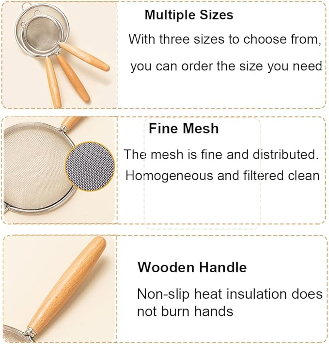 2Pcs Stainless Steel Fine Mesh Strainer Versatile Long-Handle Sieves for Flour Tea Coffee Oil Filtering(4-Inch)