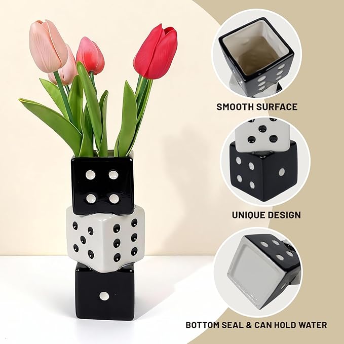 Triple Dice Ceramic Vase – Elegant Black & White Decorative Vase for Home & Bar, Perfect for Flowers | Unique Centerpiece for Dining Table, Coffee Table & Entryway | Stylish Decor for Kitchen