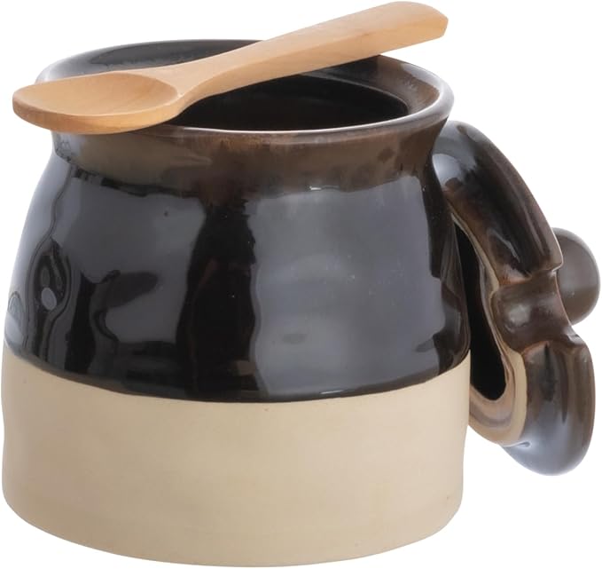 Creative Co-Op Stoneware Sugar Pot with Lid and Wood Spoon, Espresso Glaze