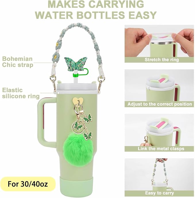 Accessories Set Including Water Bottle Handle Strap, Silicone Boot, Resin Butterfly Straw Cover, Straw Topper, Lip Balm Sleeve, Butterfly & Hairball Charms for Stanley Cup Tumbler