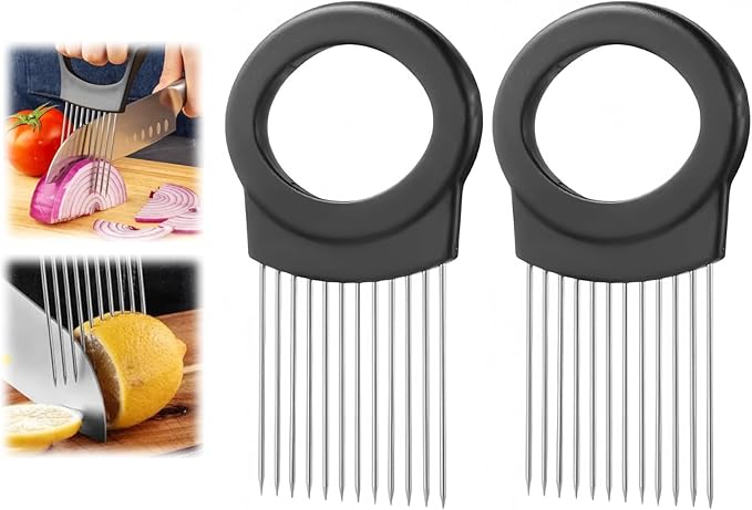 Stainless Steel Onion Slice Holder, Lemon Slicer Vegetable Cutter, Chopper Slicing Assistant Tool for Meat, Onion, Potato, Tomato Home Kitchen Tools (C-2 PCS)