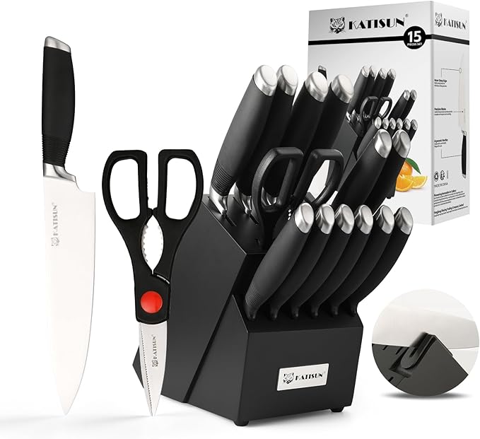 15-Piece Knife Set, German Steel, Durable and Dishwasher Safe, Ergonomic Handle Knife Block set with Built-in Sharpener for Chopping, Slicing, Dicing&Cutting Black